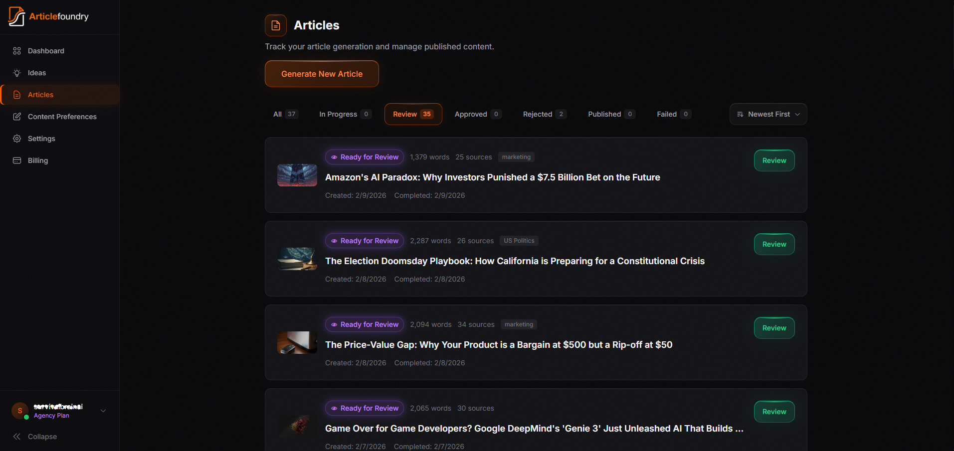 ArticleFoundry — articles ready for review